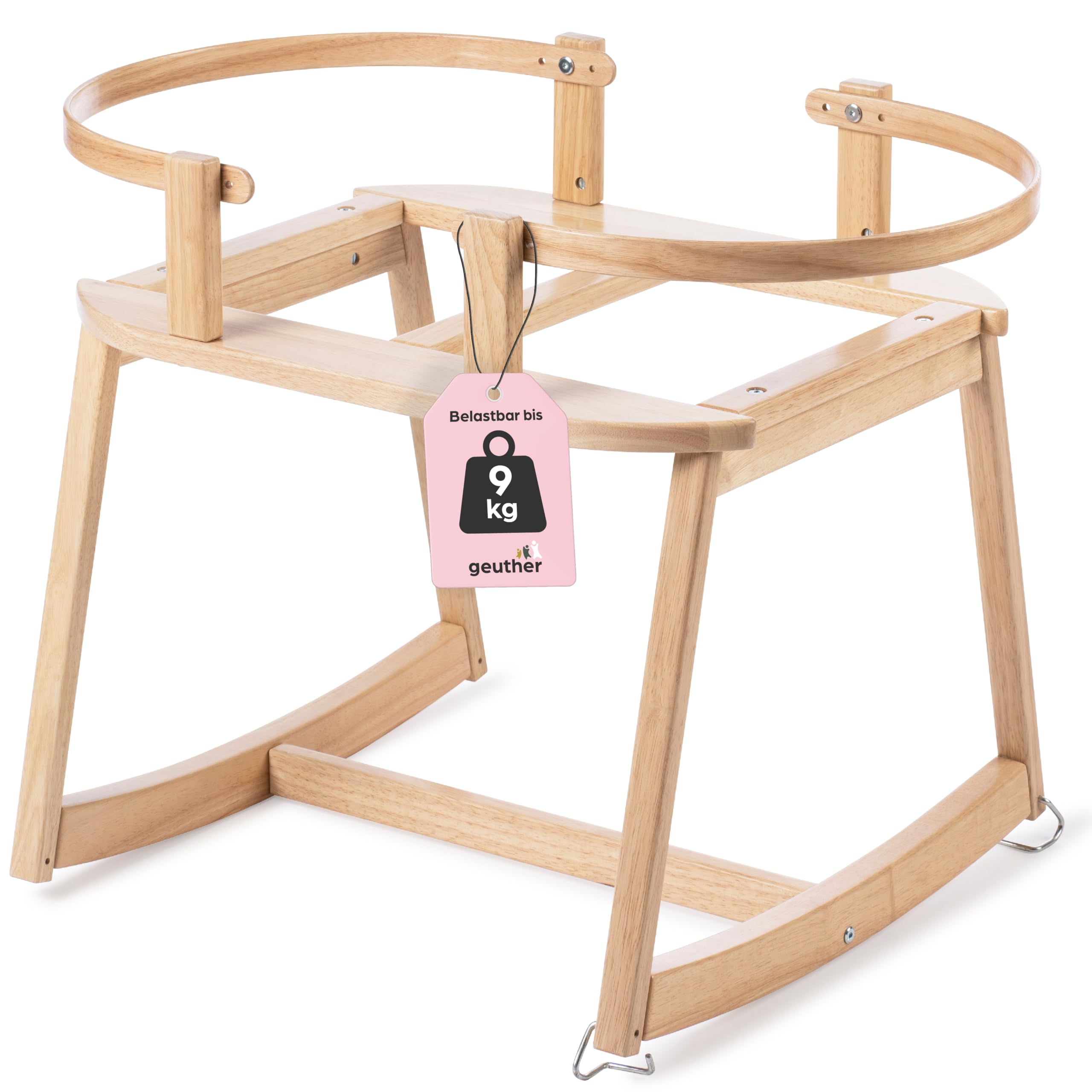 Geuther Untergestell für Moseskorb Baby | Stubenwagen mit Schaukelfunktion für Geuther Babynestchen, Baby Beistellbett | aus nachhaltigem & massivem Gummibaumholz, Baby Bett Gestell, naturfarben