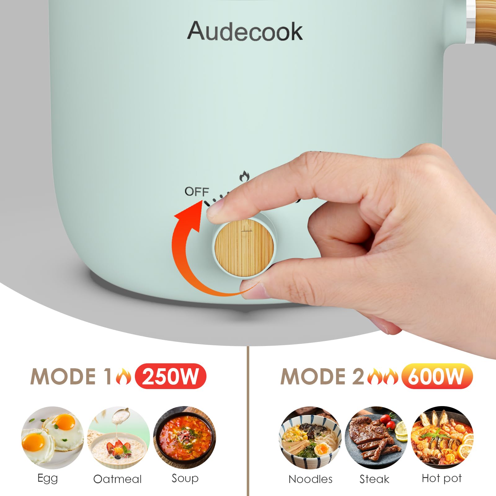 Audecook Olla Eléctrica con Vaporera, 1,5L Mini Olla Multifuncional Portátil, SartéN EléCtrica de Viaje con Doble Control de Potencia para Fideos Ramen/Pasta/Huevos/Sopa/Avena