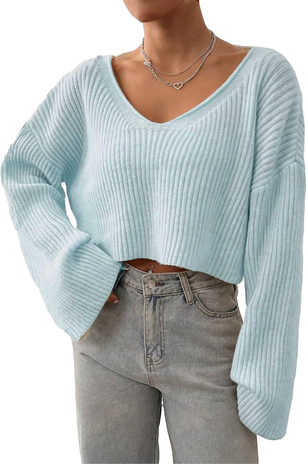 Floerns Women's Long Sleeve Cropped Fall Pullover V Neck Drop Shoulder Rib Knit Sweaters Top Blue X-Small