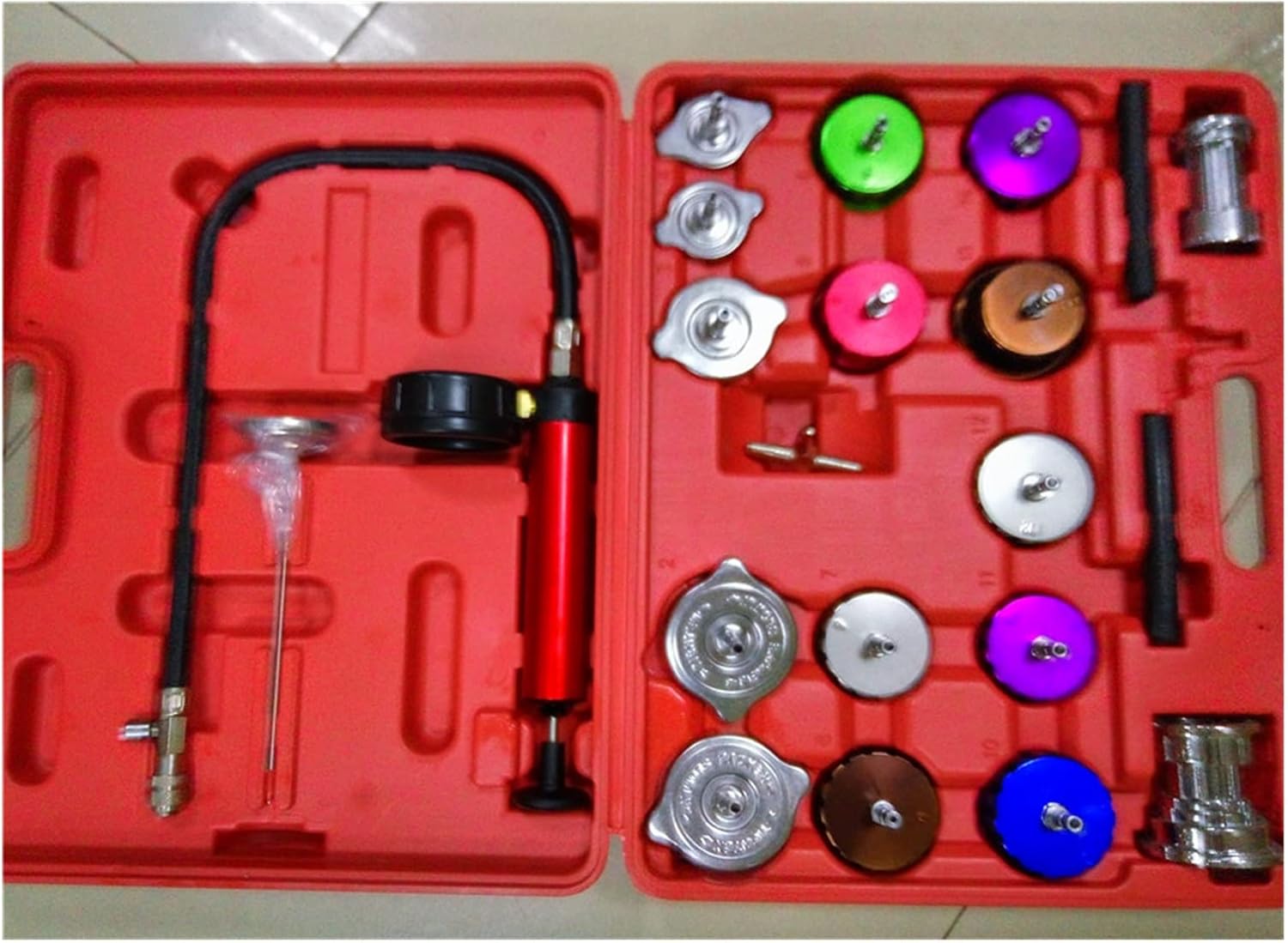 Coolant Pressure Tester kit Universal Car Radiator Pressure Tester Tool Kit Auto Cooling System Coolant Vacuum Purge Full Set Automotive Leak Detector Vacuum Type Cooling System Kit