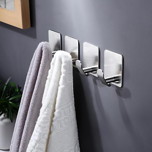 Miniatura 3 de DELITON Ganchos adhesivos  Paquete de 4 ganchos para toallas de acero inoxidable cepillado, ganchos de pared para colgar toallas, ropa, llaves, se