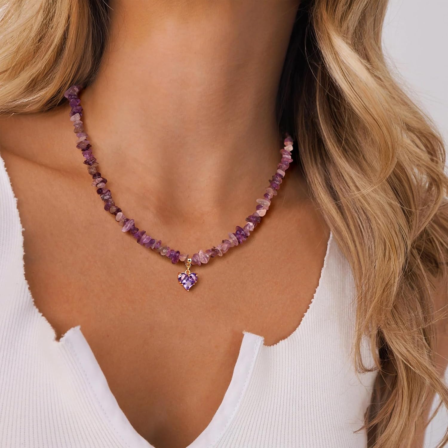 GolbalJew Healing Crystal Beaded Necklace Stone Chips Beads Heart Pendant Choker Necklaces for Women Gemstone Jewelry Gifts - Image 2
