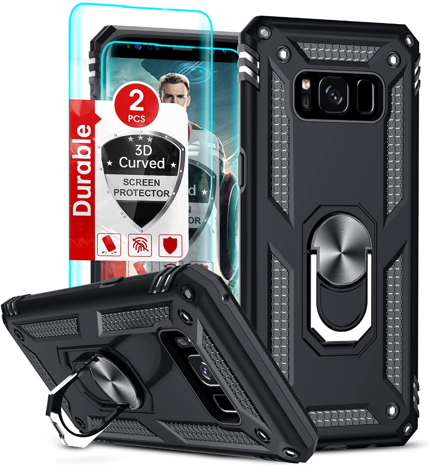 LeYi Galaxy S8 Case [Not S8 Plus], 2PC 3D Screen Protector, Military-Grade Cover, Ring Kickstand, Black