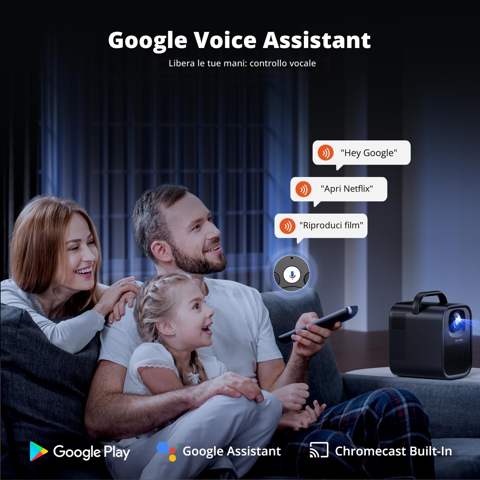 ETOE Proiettore 4K con Google TV e Netflix App, Autofocus 1080P Full HD, 1300 ANSI Portatile Proiettore, Audio Dolby Digital, Assistente Vocale, Motore Ottico Sigillato e WiFi 6 per PS5/Home Theater