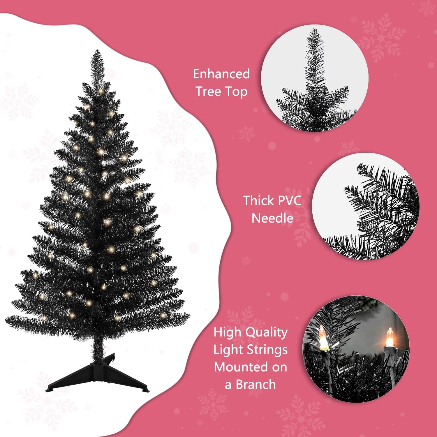 4ft Lighted Artificial Black Christmas Tree, Not Pre-lit Black Tinsel Pine Trees with Lights, Ideal for Ideal for Home, Office, and Xmas Party Décor - Includes Stand