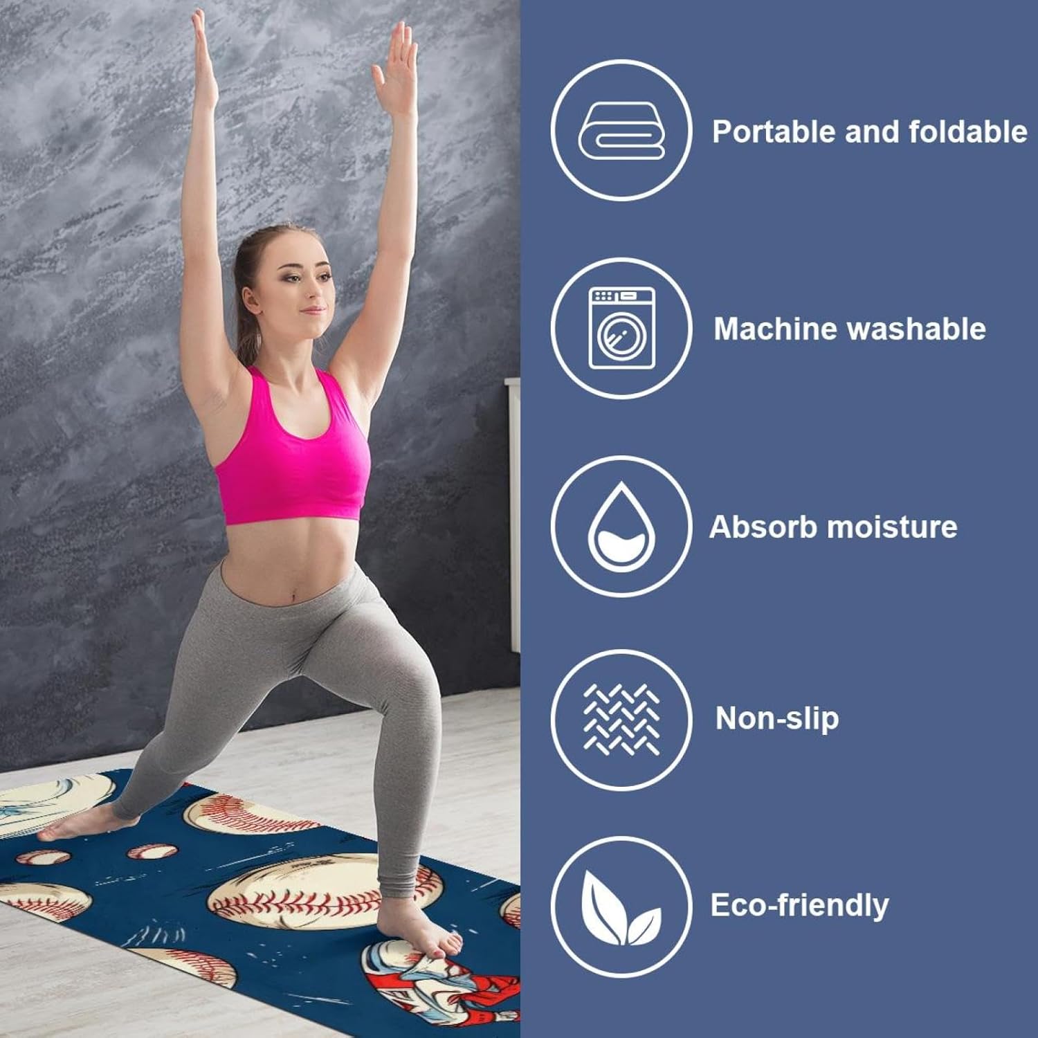 Yoga Towel, Baseball Pattern Non Slip Sweat Absorbent Hot Yoga Mat Towel for Hot Yoga, Pilates and Fitness - 72.8" x 26.8"