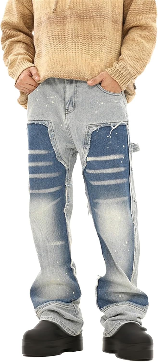 Patch Straight Jeans for Men Patchwork Flared Denim Pants for Men Y2k Hip Hop Vintage Skater Denim Trousers