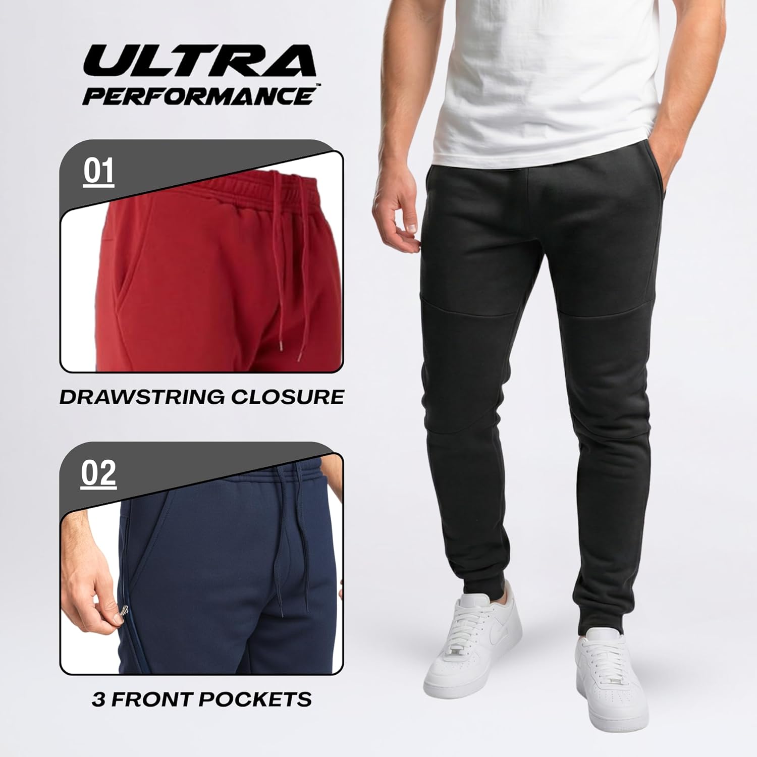 Ultra Performance 3 Pack Fleece Active Tech Joggers for Men, Mens Sweatpants with Zipper Pockets - Image 5