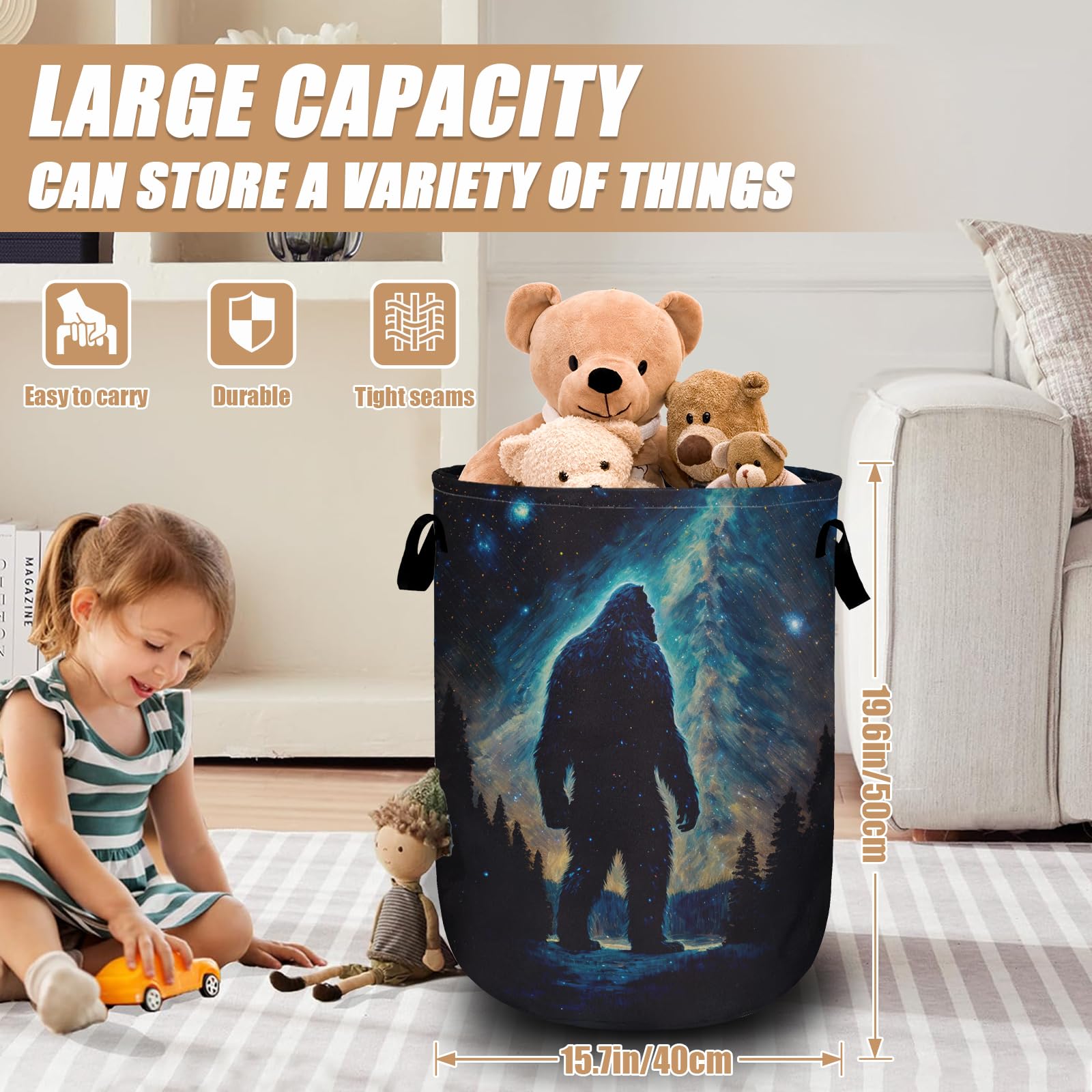 Bigfoot Mountains Laundry Basket, Foldable Waterproof Laundry Hamper Tote Bag Dirty Clothes Storage Bucket Toy Organizer for Bathroom/Laundry/Bedroom 15.7