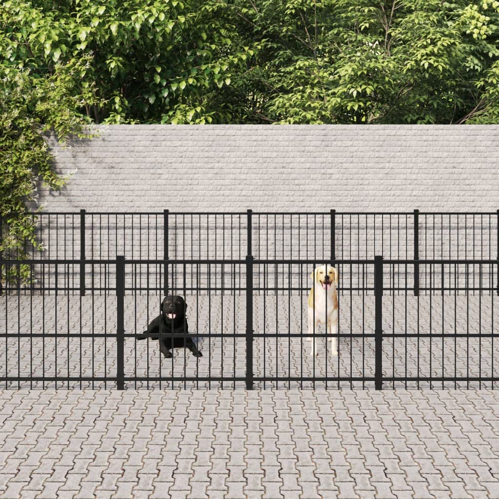 Perrera para perros de acero con recubrimiento en polvo de 28,23 m² con puerta giratoria, resistente recinto de metal y protección segura para cachorros y mascotas en el jardín, terraza o