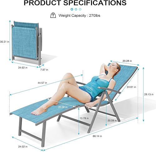 Miniatura 60 de Crestlive Products Juego de 2 tumbonas para exteriores, silla reclinable plegable de aluminio, ajustable 8 posiciones, sin montaje, perfecta