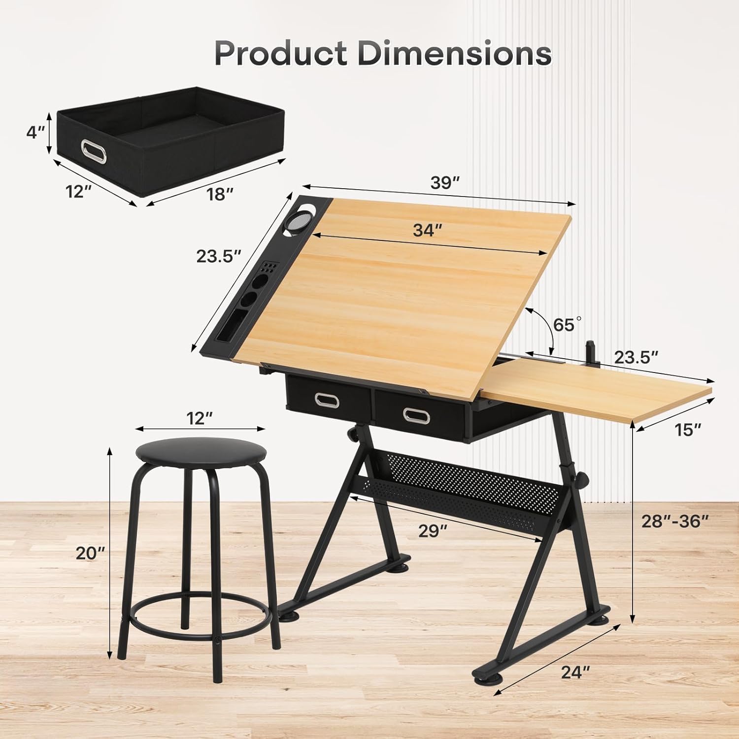 Athena Collection Drafting Table for Artists, Height Adjustable Drawing Table, Dual Desktop Art Desk Metal Frame Art Table Tiltable Craft Desk Paintings Work Station with Stool and Drawers, Natural