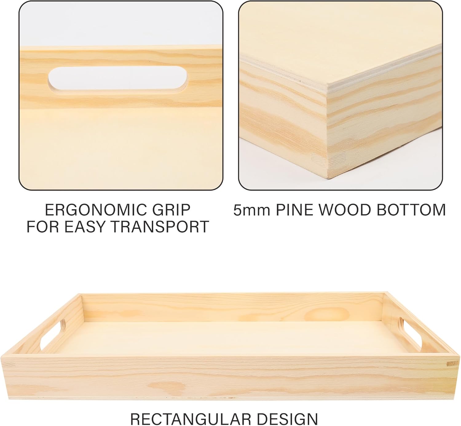 LotFancy Wooden Nested Serving Trays, Set of 5, Unfinished Natural Wood Trays with Handles, for Craft and Decor, Food Organizer for Breakfast, Lunch, Dinner - Image 4