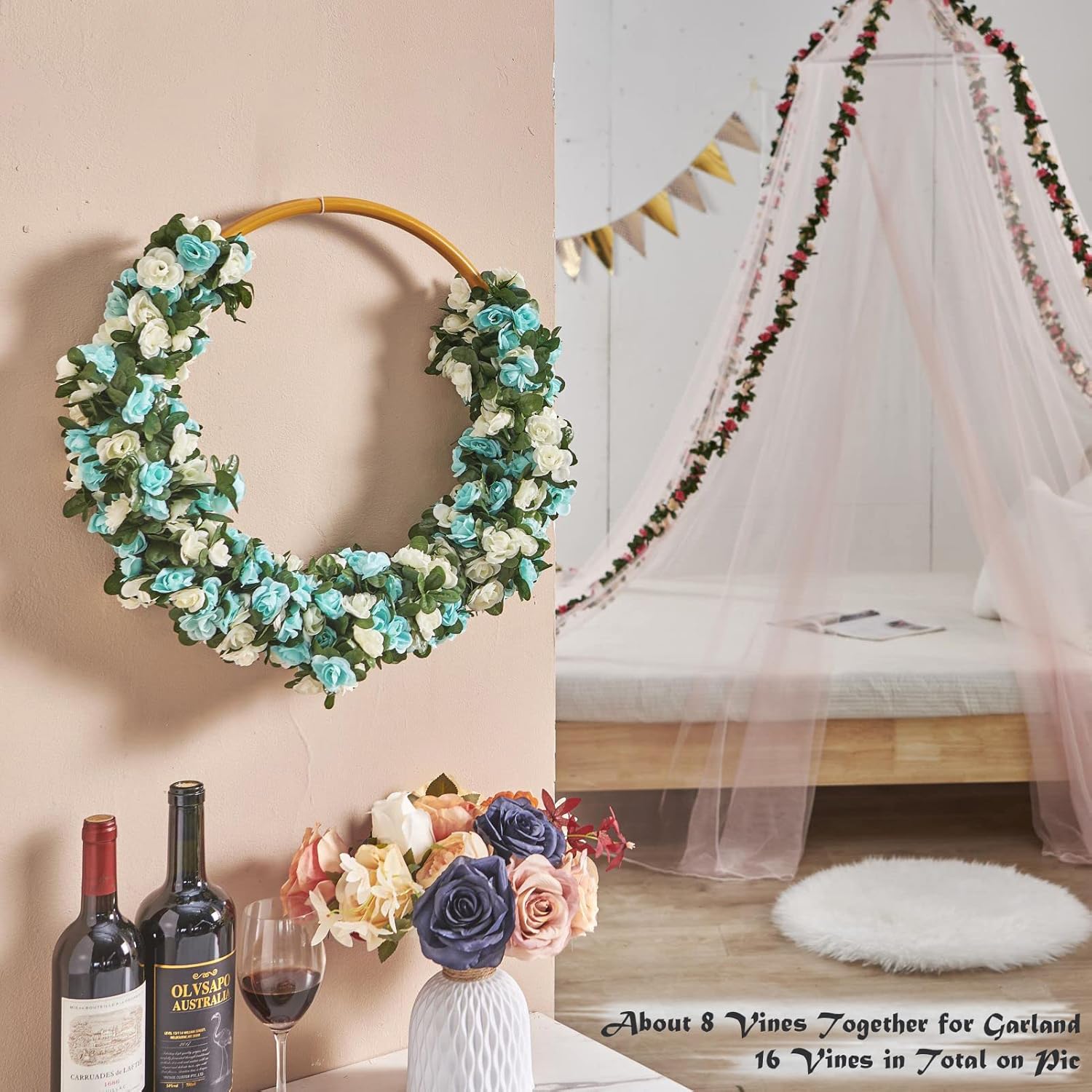 8 Pcs x 8.2 ft Flower Garland Artificial Rose Vine Flowers with Green Leaves Hanging Fake Roses Vine for Room Party Home Wedding Birthday Christmas Wall Arch Decor, White Blue Flower - Image 3