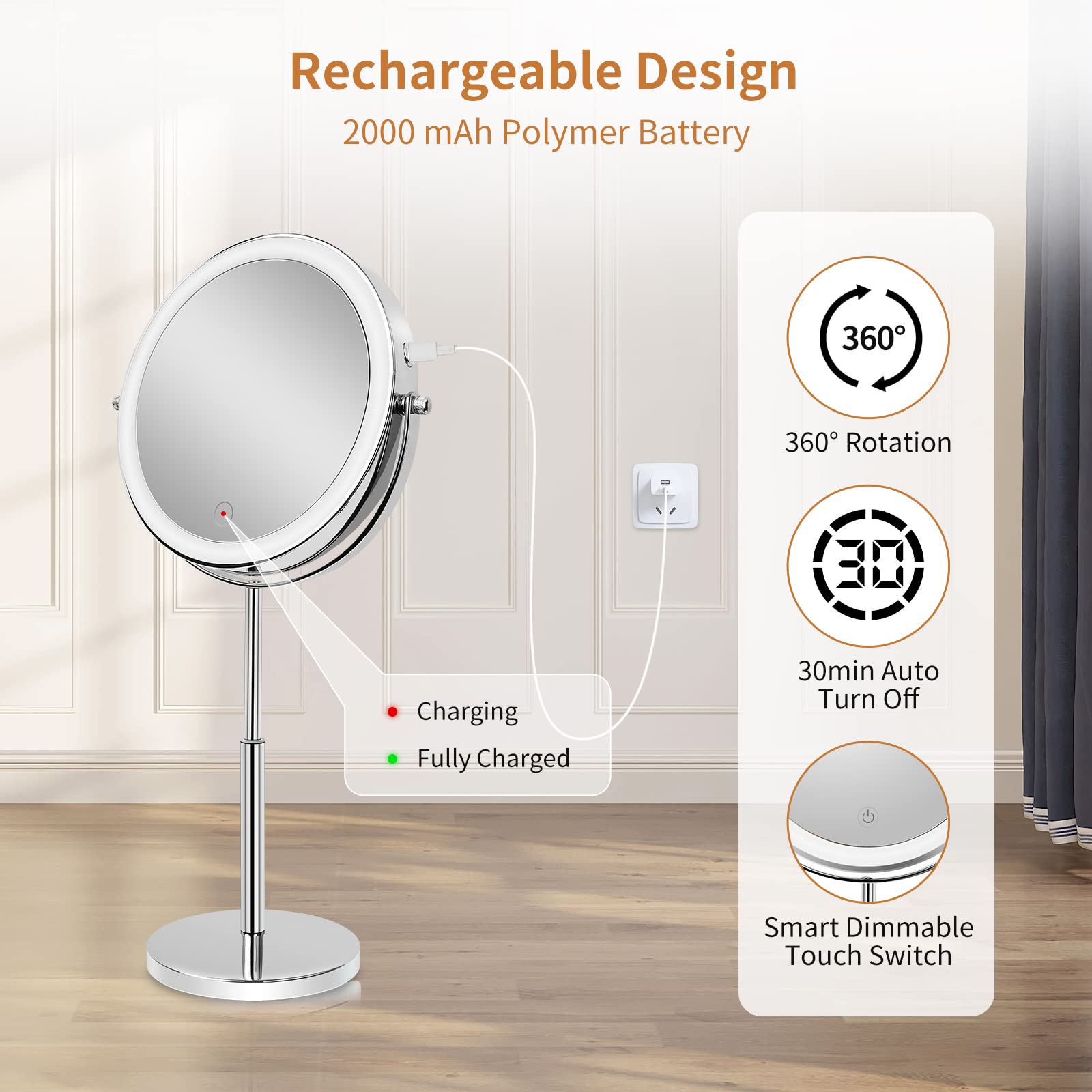 8 Inch Lighted Makeup Mirror With Magnification - 1X/10X Double Sided, 360° Swivel, Cordless, 52 LED, 3 Light Modes - View #12