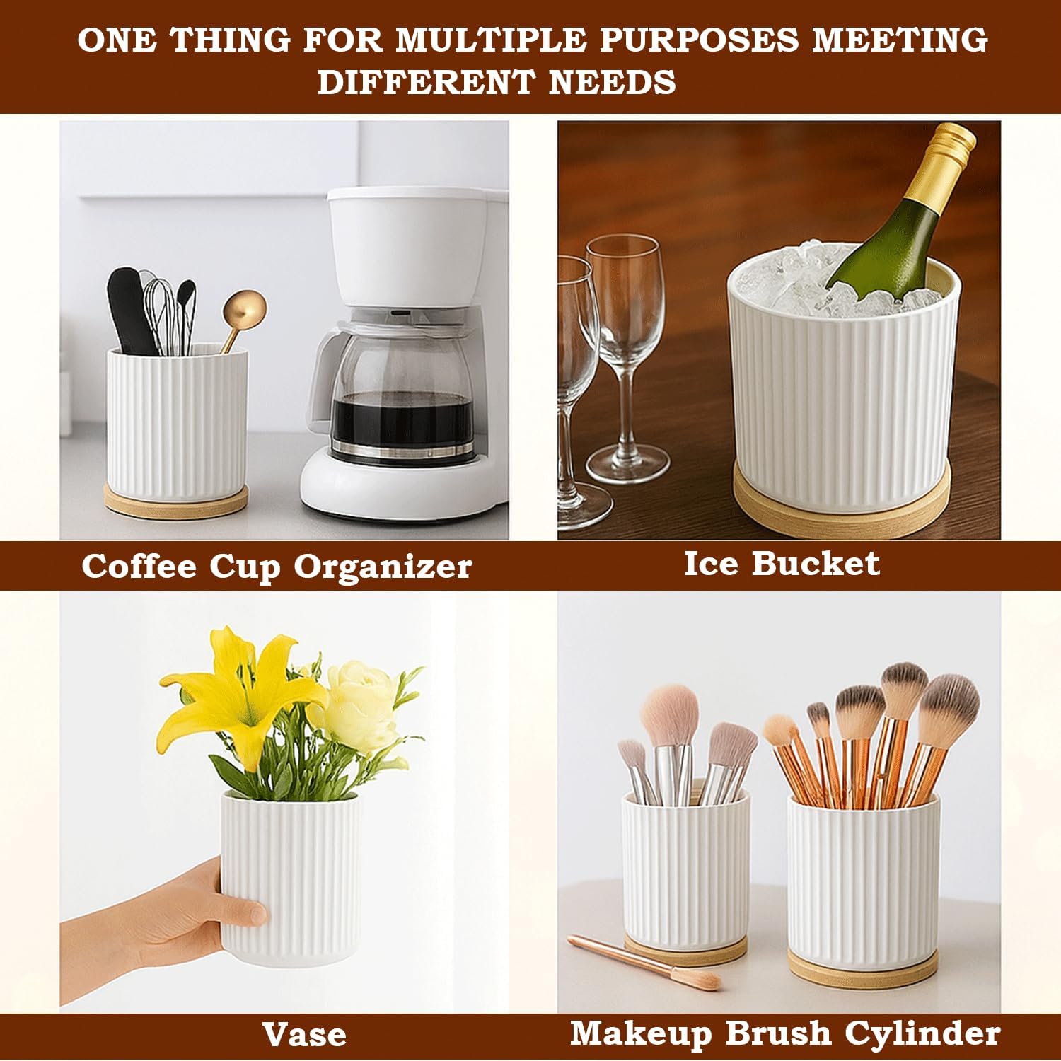 Utensil Holder, 360° Rotating Extra Large Ceramic Kitchen Utensil Holder for Countertop 7.3“ Cooking Utensil Crocks for Kitchen Counter with Rotatable Wooden Base, Farmhouse Decor, White