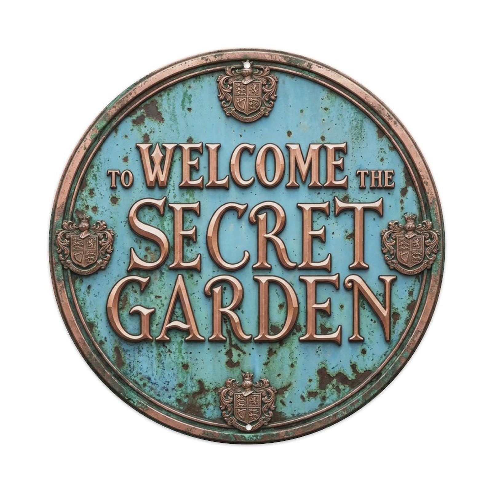 Vintage Welcome Secret Garden Rosegold Skyblue Crest Metal Tin Sign