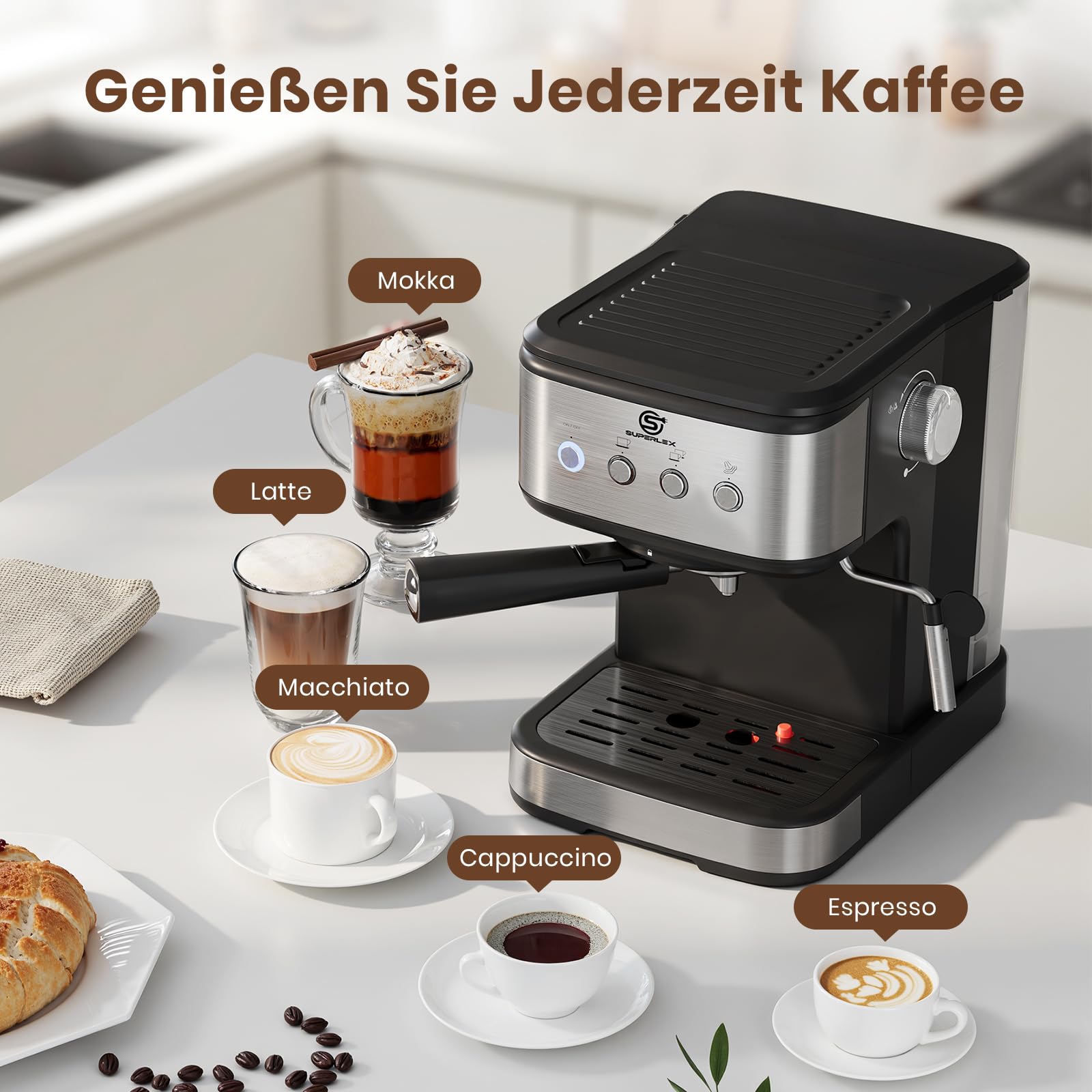 Porte-filtre pour machine à expresso, en acier inoxydable, 15 bars, pression 1100 W, pour machine à café expresso, cappuccino, latte, réservoir d'eau de 1,5 l, machine à café compacte