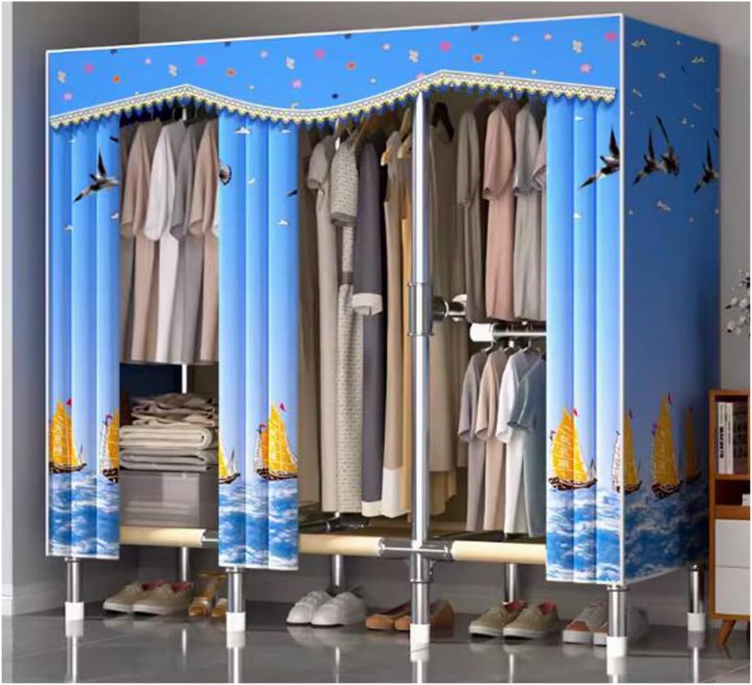 Large Closet Metal Steel Rack Clothes Closet with Clothes Rail Closets for Bedroom Thick Cloth Portable Wardrobe Closet (I128cm/50.4in)