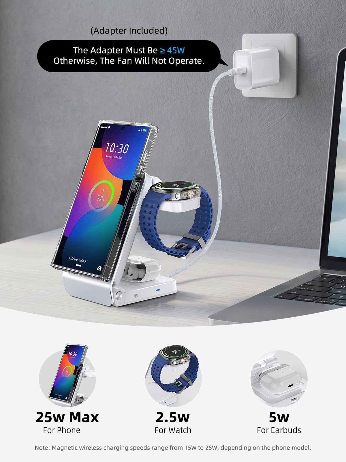 Magnetyczna bezprzewodowa stacja ładująca do Samsunga z aktywnym chłodzeniem, 3 w 1, indukcyjna stacja ładująca do Samsung Galaxy S26 Ultra, Watch 8 & Buds 4. Bezprzewodowa ładowarka, składana, z | Składana stacja ładująca 3 w 1 do Samsung Galaxy S26 Ultr