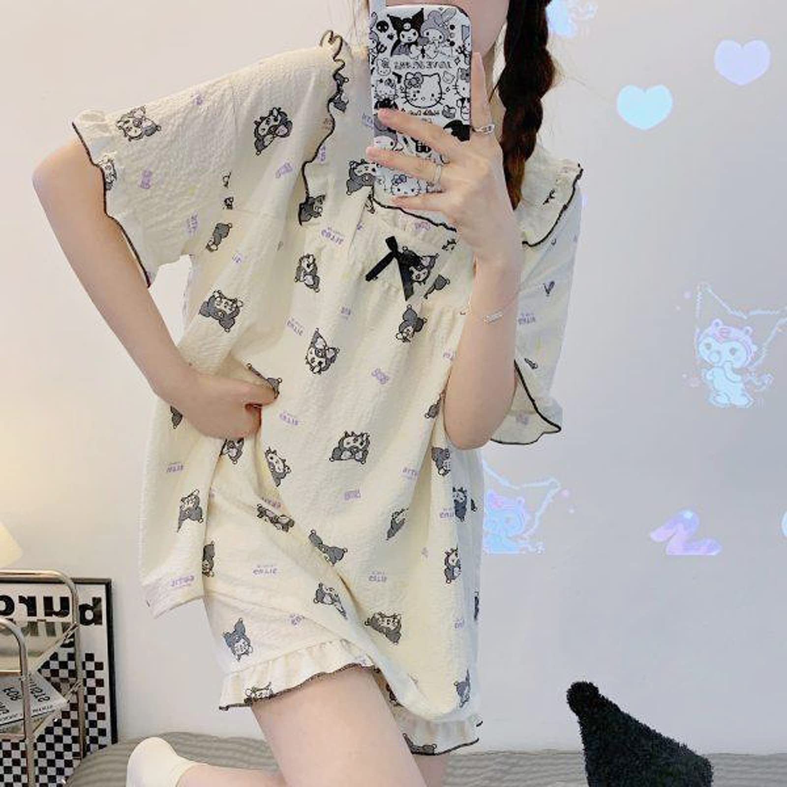 Oxsioeih Kawaii Pajamas For Women Two-Piece Set Cute Cartoon Girls Pajamas Pants Cardigan Sleepwear Home Clothes: Medium Krm Beige