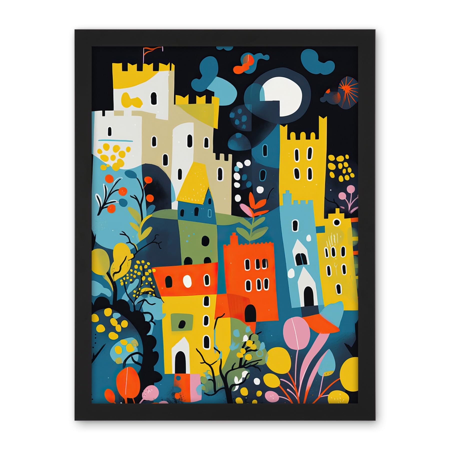 Artery8 Nottingham at Night Abstract Folk Art Cityscape Artwork Framed Wall Art Print 18X24 Inch