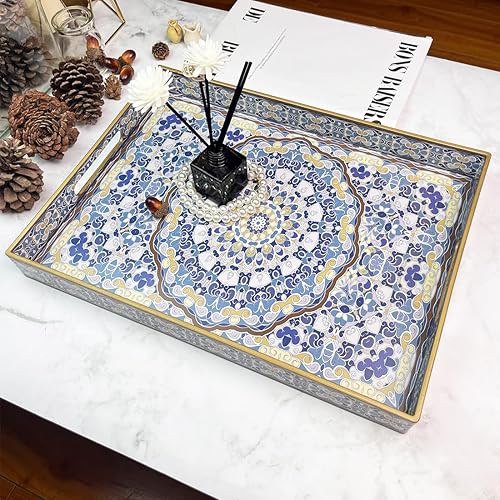 Miniatura 2 de Bandeja decorativa bohemia, moderna bandeja azul para servir con asas, juego de 2 bandejas otomanas, bandeja de plástico para mesa auxiliar para