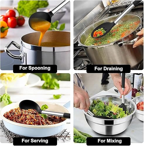 Vista 6 de Juego de 4 utensilios de cocina de silicona, antiadherentes, resistentes al calor, grandes espátulas sólidas, cucharas ranuradas, sin BPA