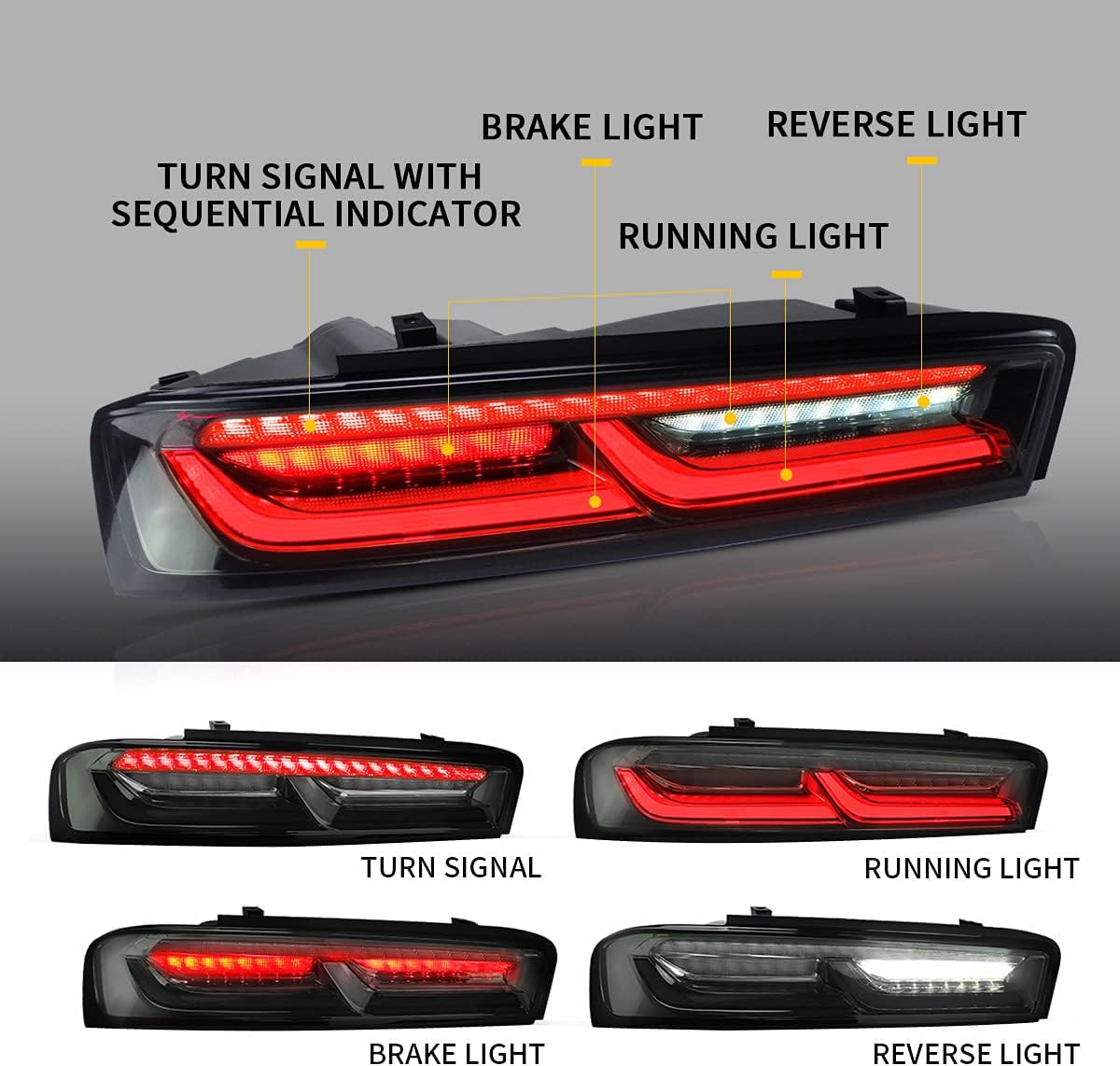 VLAND LED Smoked & Clear Tail Lights Compatible for [2016 2017 2018 Chevrolet Chevy Camaro Coupe] With Sequential Red Turn Signal lights