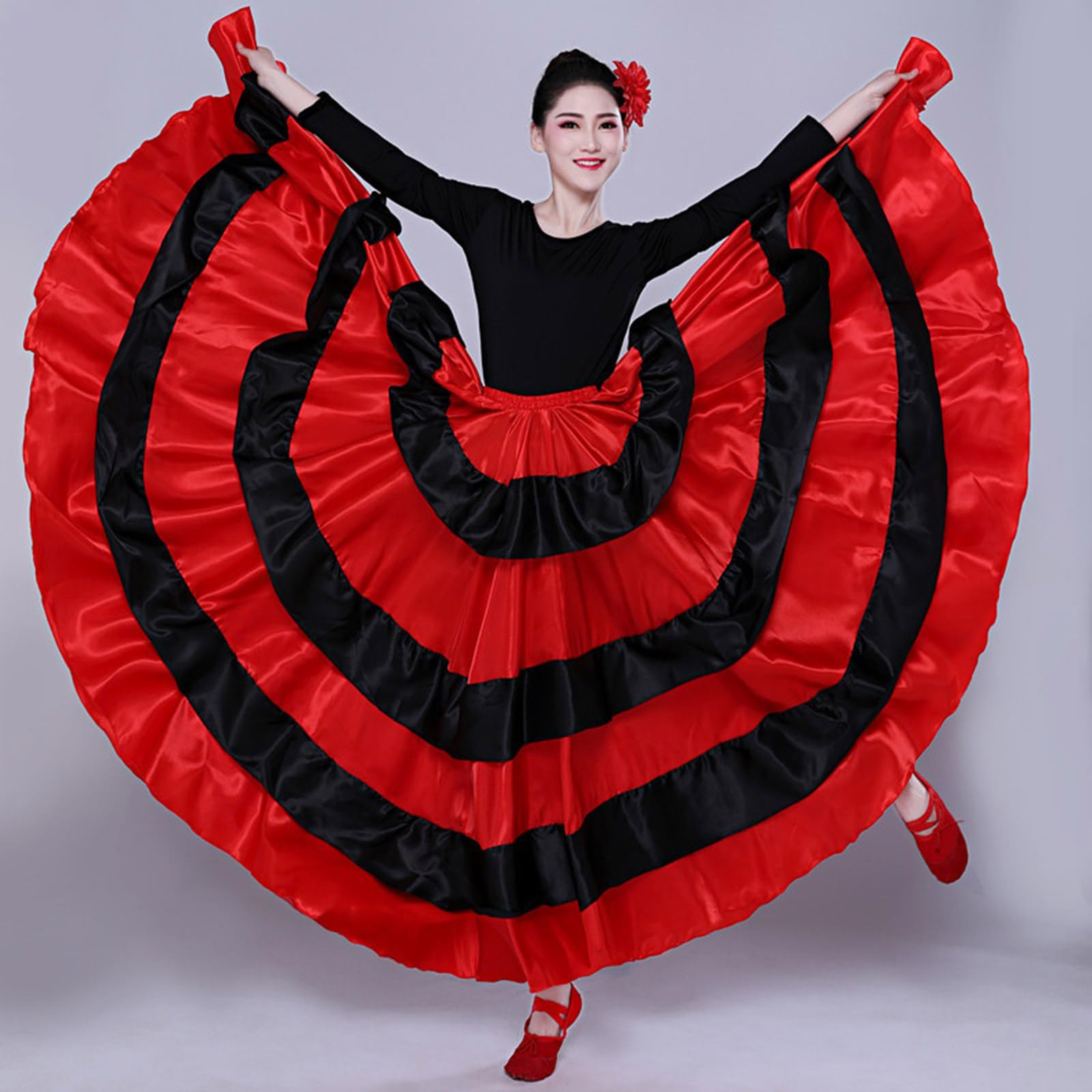 Damska czarna czerwona warstwowa długa spódnica do hiszpańskiego flamenco Meksyk Balet Folklorico spódnica do tańca brzucha długa spódnica flamenco hiszpański taniec duża huśtawka kostium na Halloween