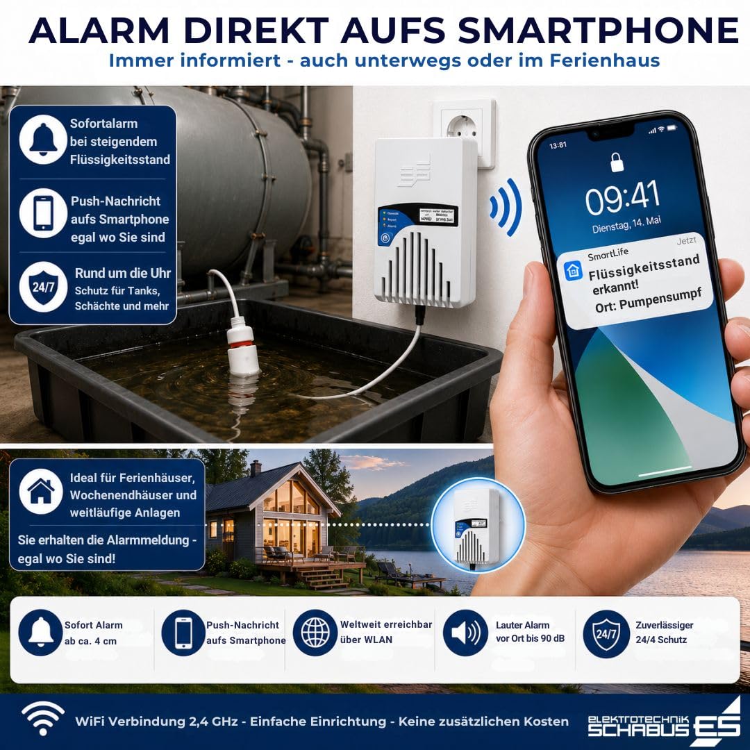 Schabus Wassermelder WWD 241 Smart mit Minischwimmer, 230V, einfache Installation (Schukostecker), akustische (90dB) und optische Warnung, zudem Push Meldung bei Anbindung an Smart-Life App