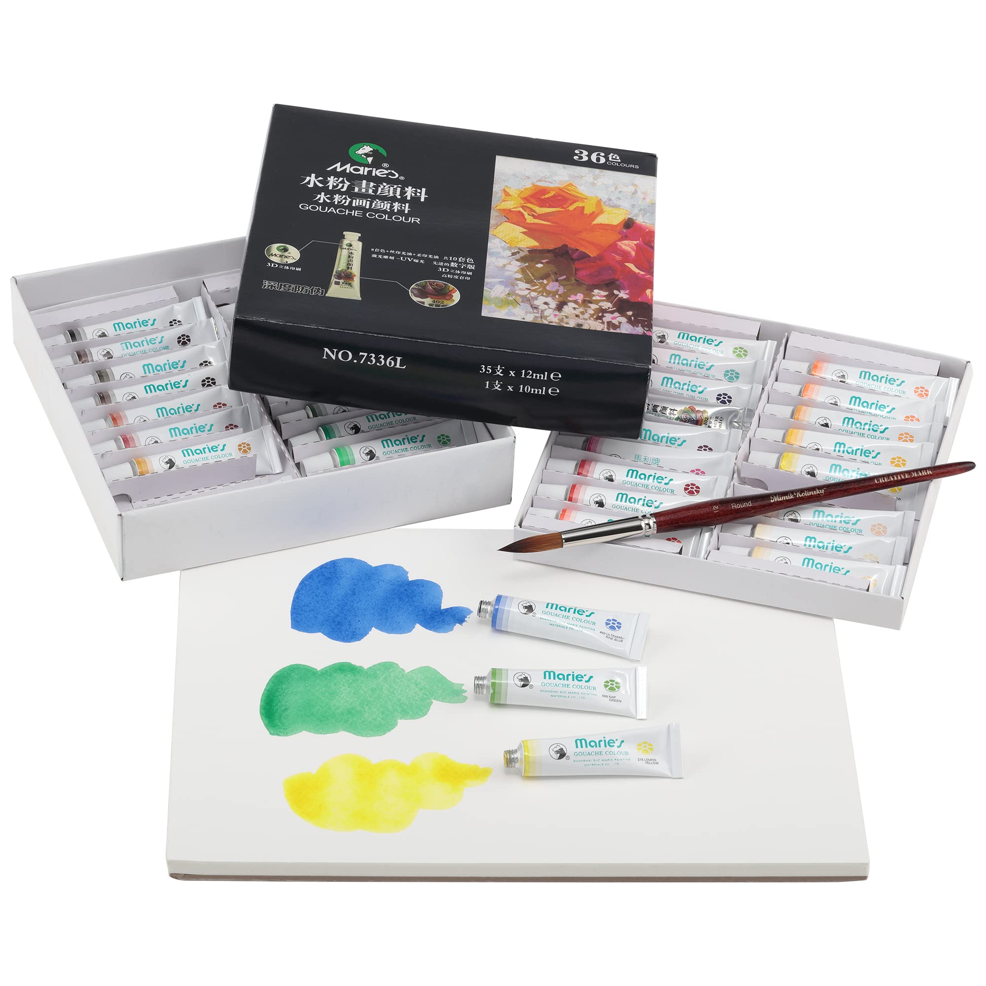 Marie's Lot de 36 tubes de gouache d'artiste hautement pigmentés pour peinture, artistes, illustrateurs et designers de couleurs assorties (12 ml)