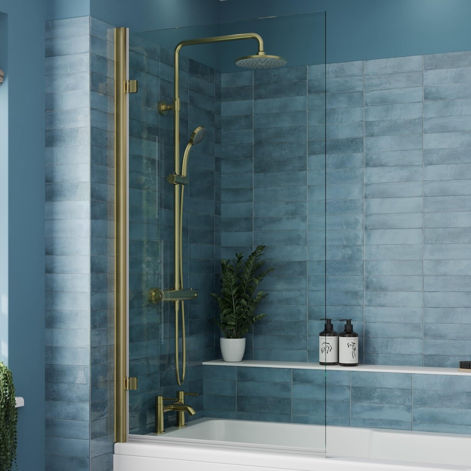 Luxuraยฎ 1520 x 830mm Brushed Brass Over Bath Shower Screen Hinged Panels & Screens for Baths Bathroom Frameless Square 6mm Clear Toughened Safety Glass