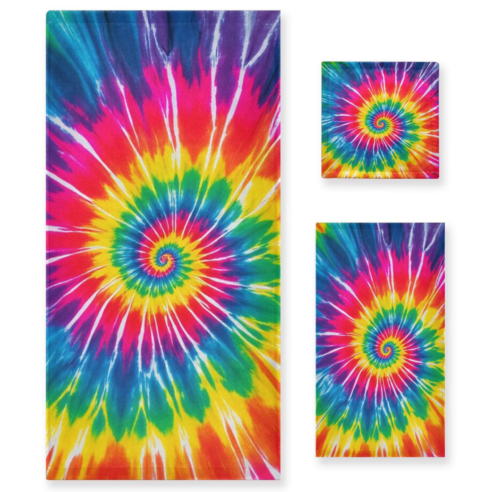 Pfrewn Tie Dye Towels Set of 3 Rainbow Hippie Colors Bathroom Towel Soft Absorbent Chic Abstract Swirl Bath Hand Towels Washcloth Guest Towel Sets