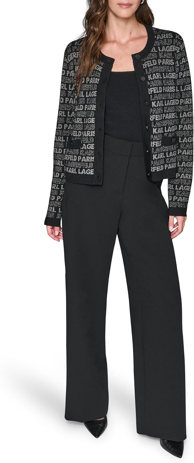 Karl Lagerfeld Womens Long Sleeve Crew Neck All Over Logo Cardigan Sweater - Image 4