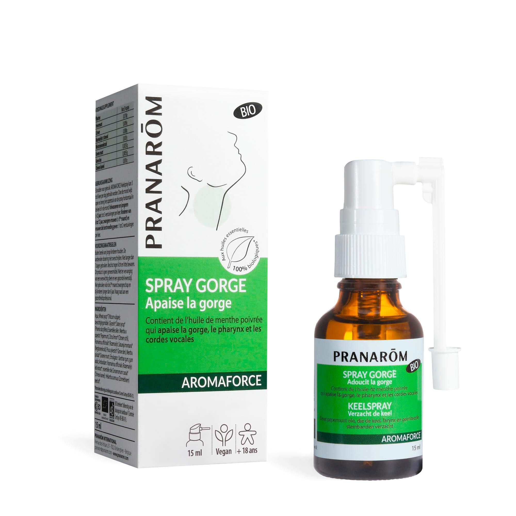 PRANARÔM - Aromaforce - Spray Gorge Action 3 in 1 - con oli essenziali - menta piperita - aiuto al sollievo della gola - vegano - 15 ml