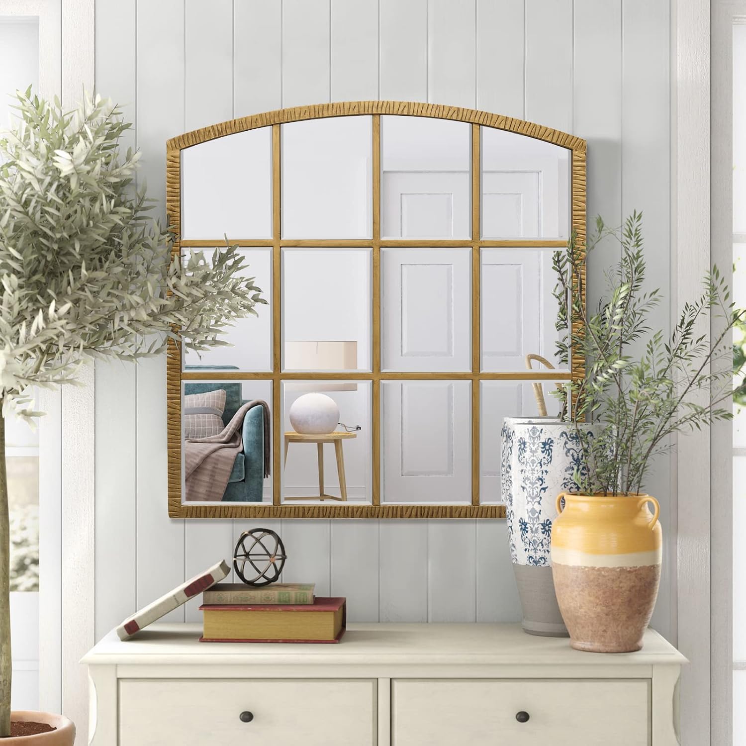 36 Inch Arched Window Mirror, Windowpane Decorative Mirror with Beveled, Metal Large Accent Mirrors, Grid Wall Mirrors for Living Room, Entryway, Vintage Gold