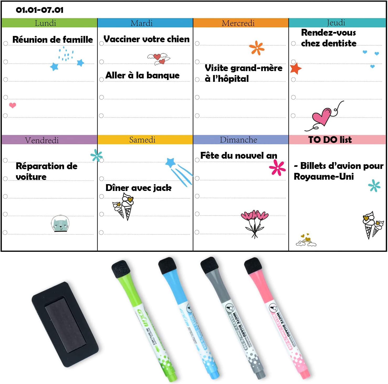 Planning Magnétique Pour Frigo - Calendrier Journalier, Avec Stylos Et Effaceur, Pour Organisation Familiale