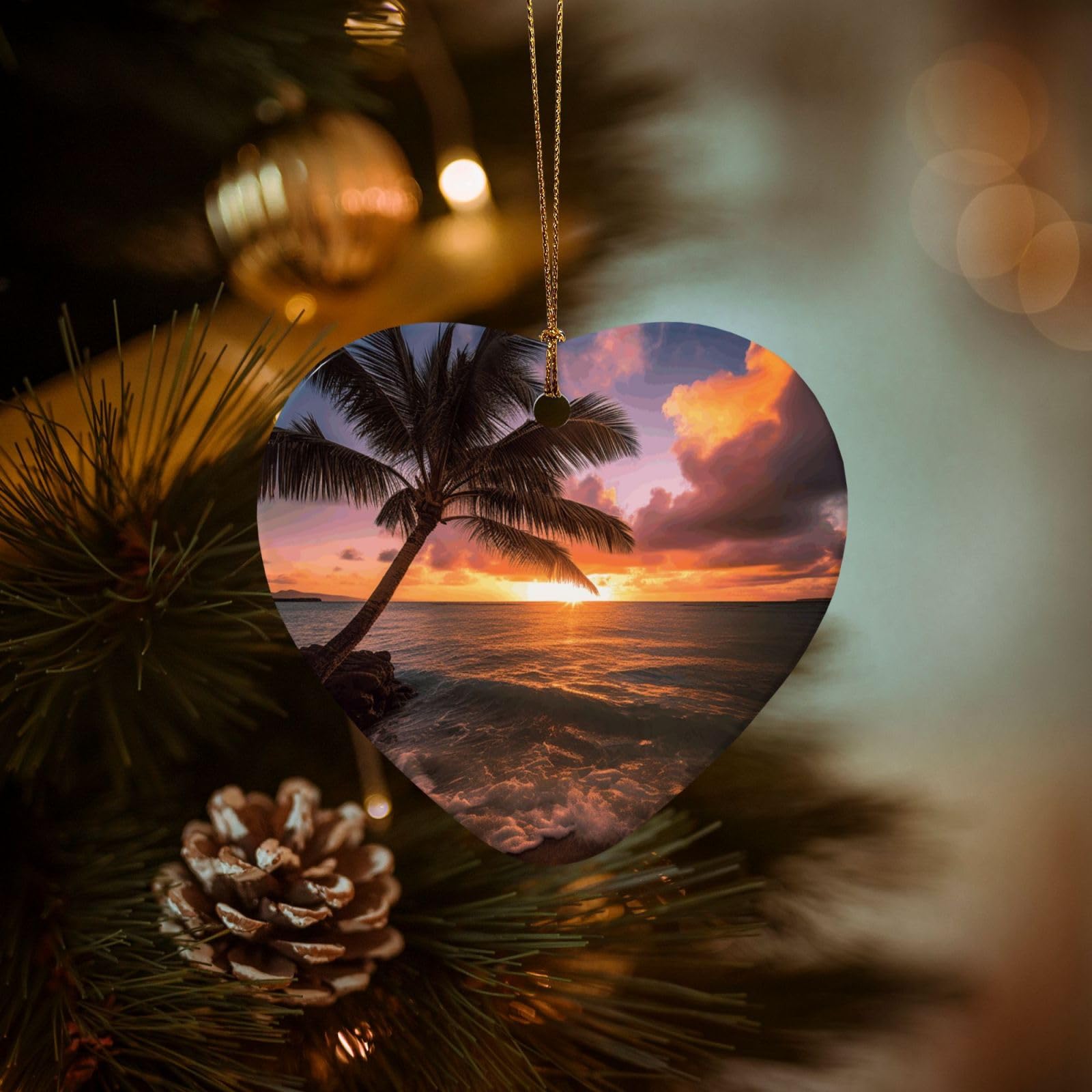 Christmas Tree Ornaments Ceramics Christmas Decorations Palm Tree Sunset Beach Ornaments with Gold Ribbon Porcelain Xmas Tree Crafts Heart Shape Hanging Pendant for Christmas Tree Party Decor