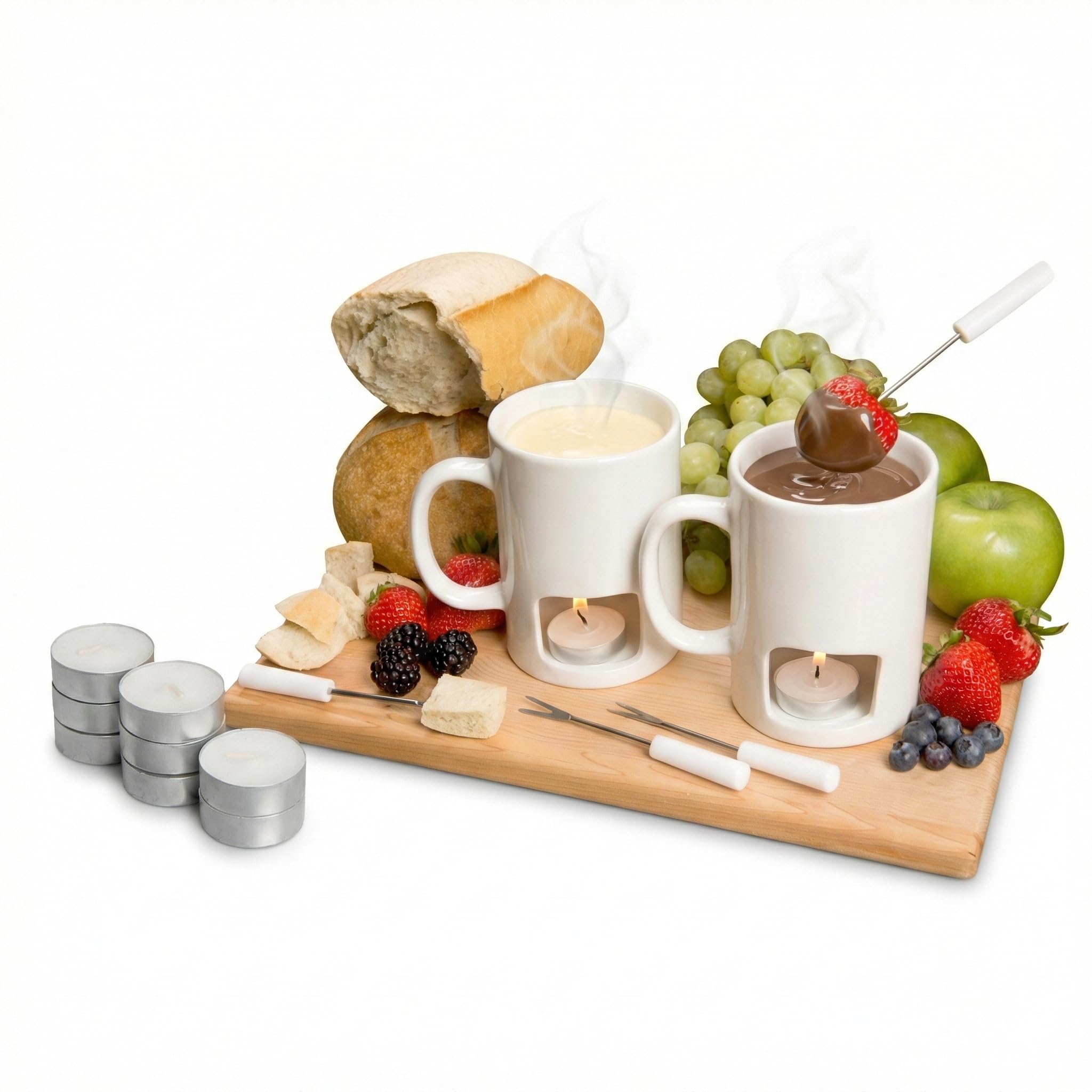 Evelots Fondue Pot Set for Chocolate, Cheese & Candy (2 Pack) – Mini Ceramic Fondue Mugs Gift Set with 8 Forks & 16 Candles – Perfect for Date Night, Birthday & Wedding Gifts – White