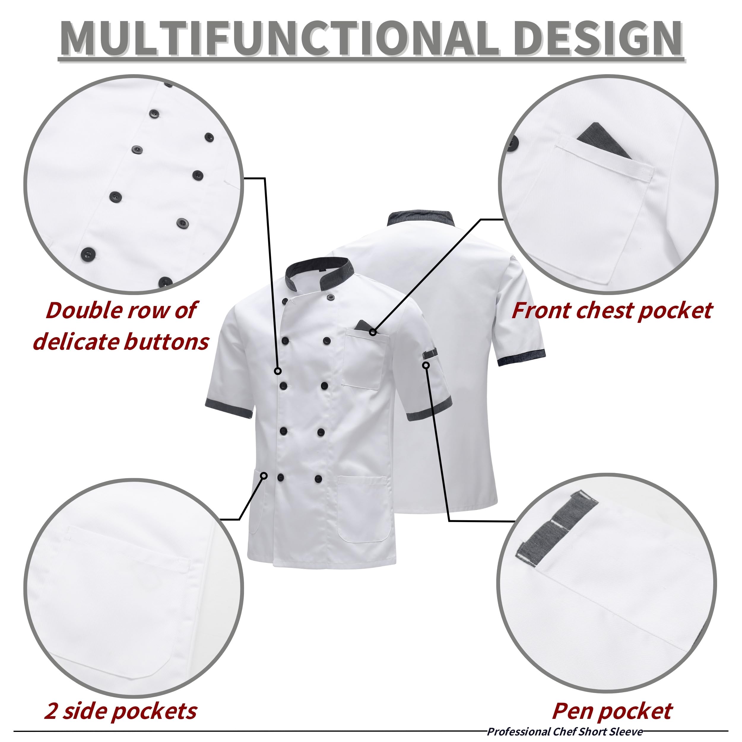 Kochjacke Kurzarm für Herren & Damen Kochjacke Unisex Küche Hotel Uniform Kurzarm Professional Kochjacke Modern Style Chef Bäckerjacke mit Tasche