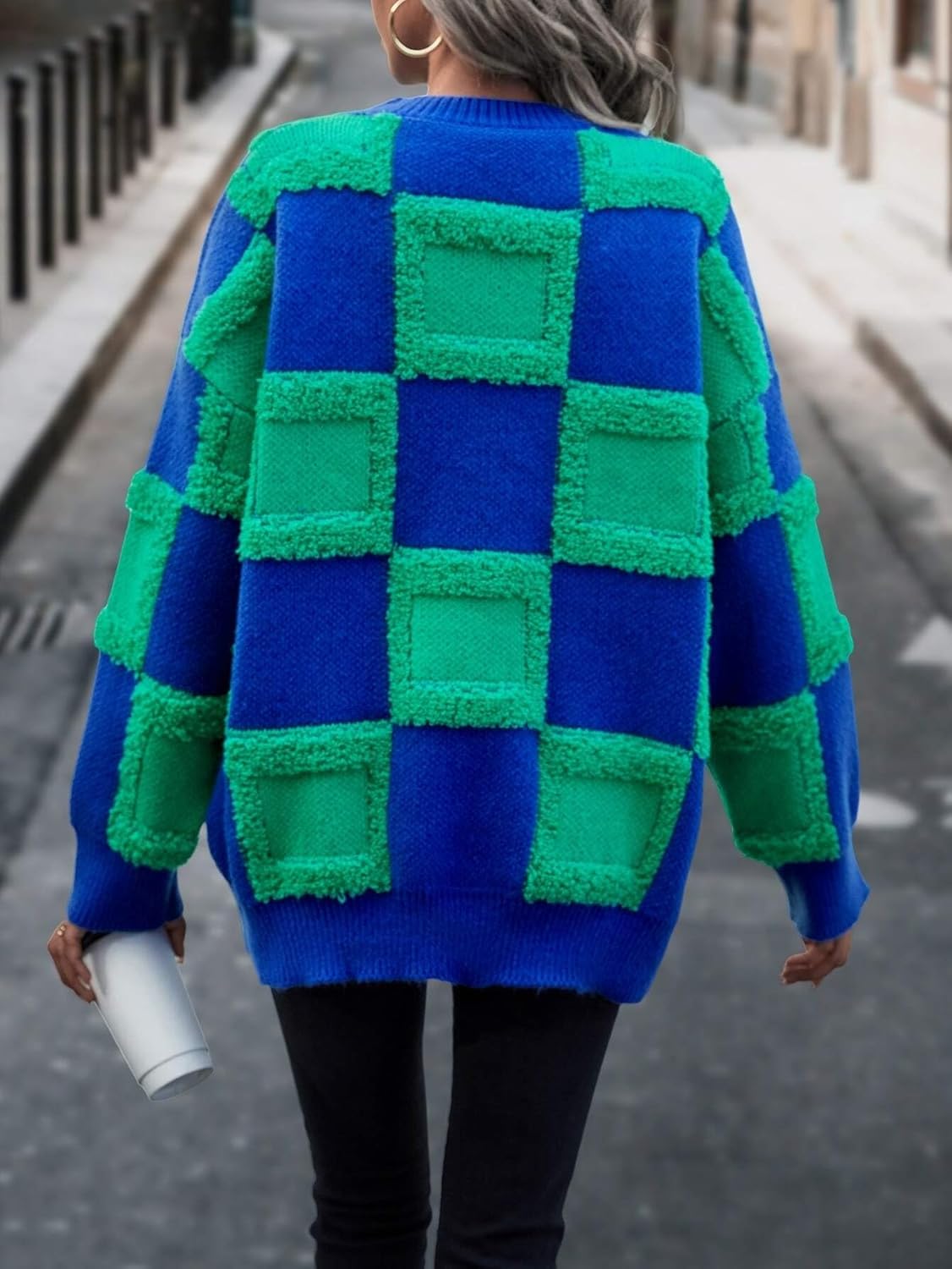 FOIVOS Women's Sweater Checker Pattern Drop Shoulder Sweater Sweater for Women (Color : Multicolor, Size : Small)