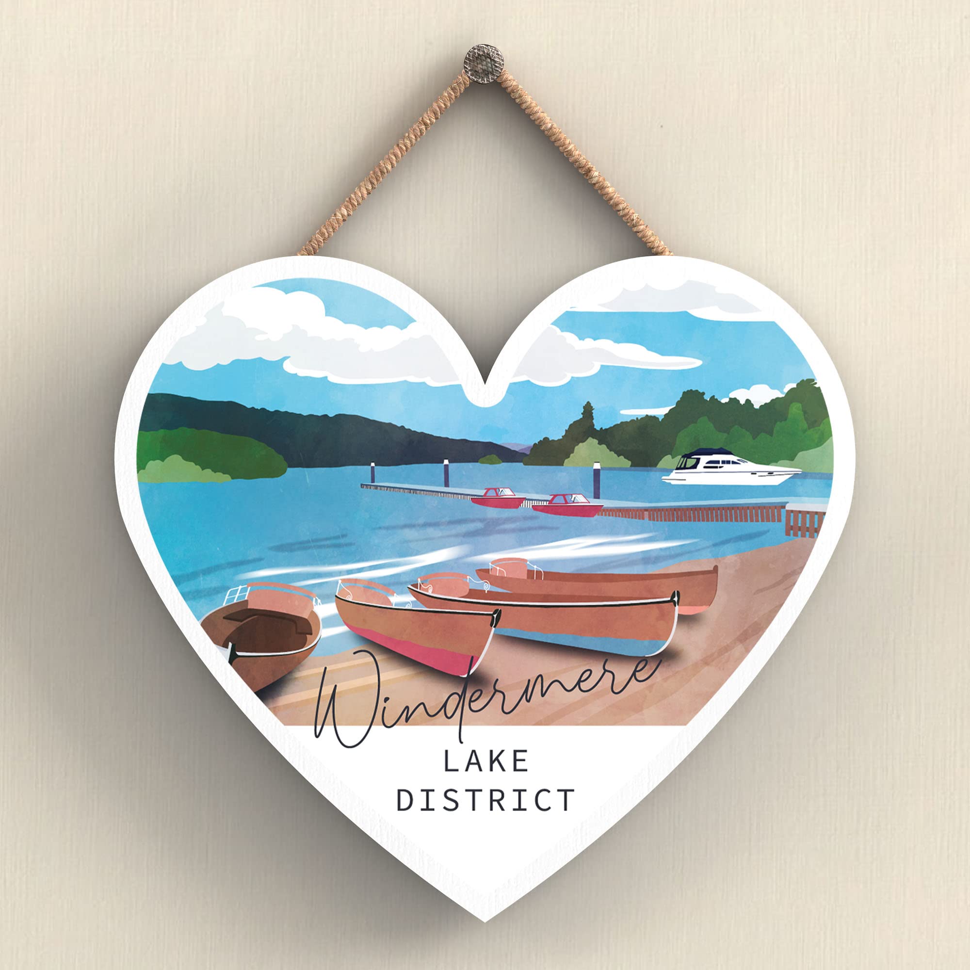 Global Designs Windermere Lake Illustration The Lake District Artkwork Decorative Home Heart Shaped Hanging Plaque