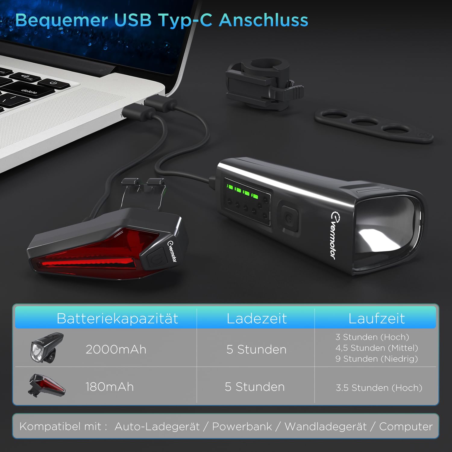 Evermotor 100Lux Kit Lumières Vélo LED StVZO - Lampe Avant + Feu Arrière Rechargeables USB-C, Super Lumineux Et Clignotant