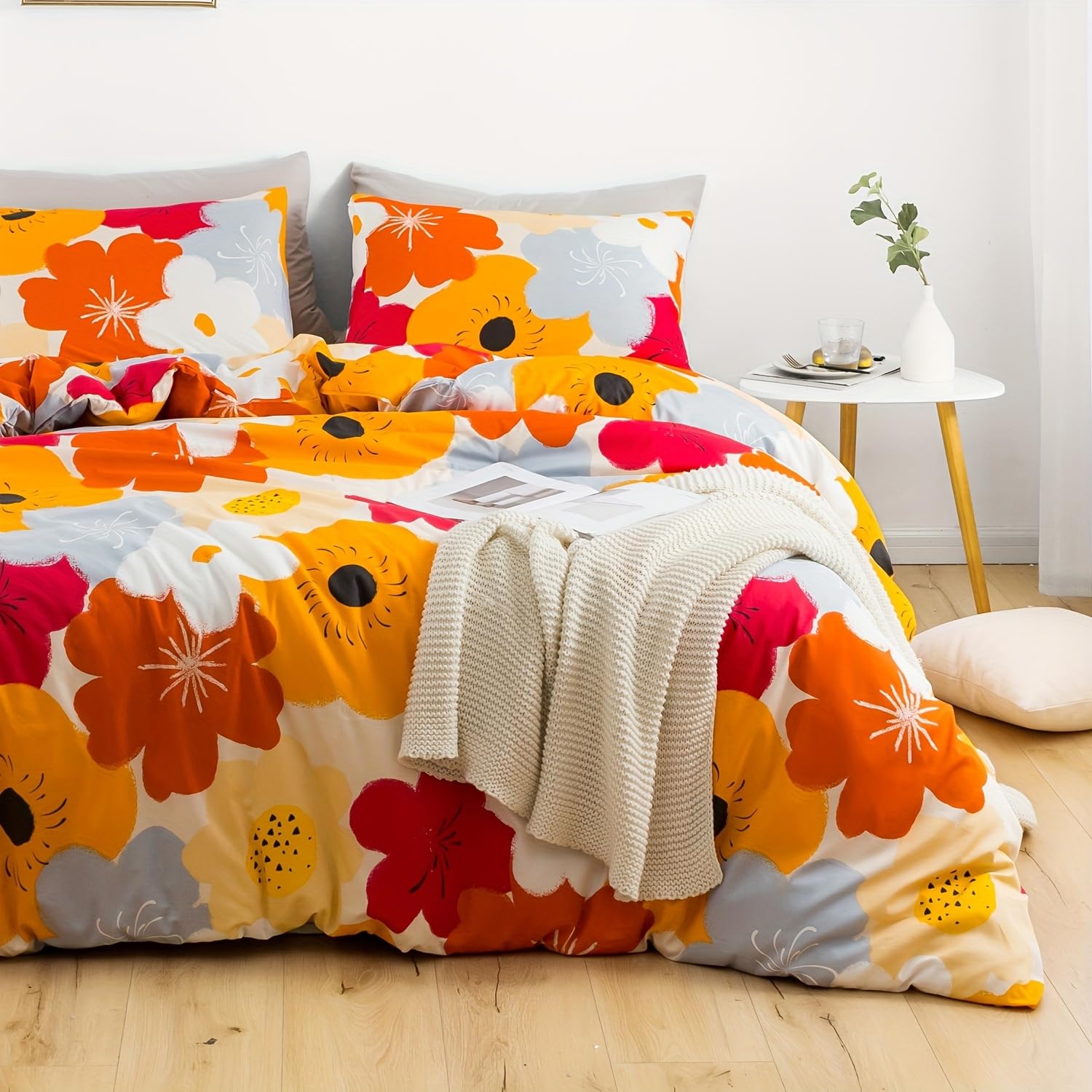Housse de couette 3 pièces à motifs floraux orange pour lit deux personnes