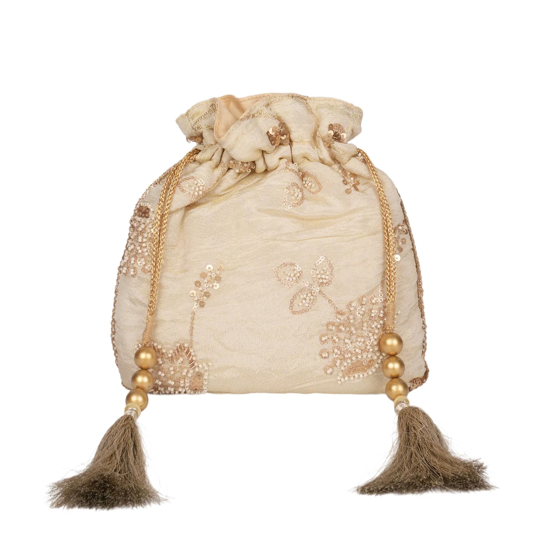 Women’s Tissue Fabric Potli Bag with Threadwork & Gold Tassel Detail | Ethnic Handbag for Wedding, Festive & Special Occasions | White & Gold-image-46