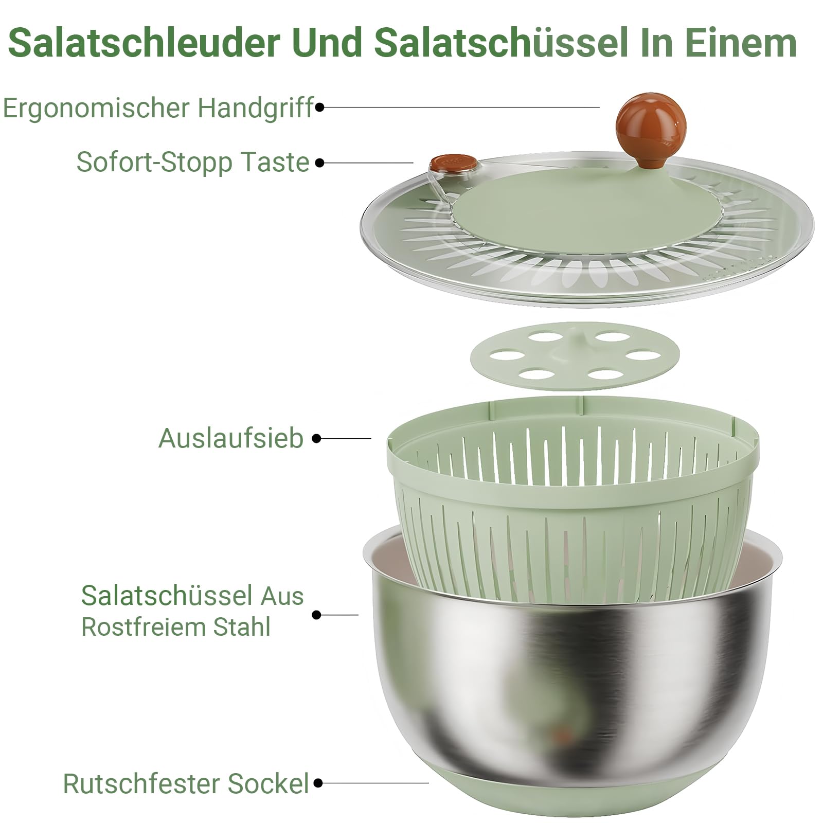 Salatschleuder Edelstahl 5L – Groß mit Kurbelantrieb, rutschfestem Boden & Ausgussfunktion – Spülmaschinenfest, BPA-frei – Salatschleuder Groß für Familien & Gemüse