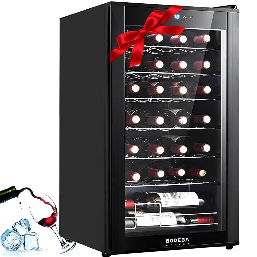 BODEGACOOLER 28 Bottle Compressor Wine Cooler Refrigerator, Small Freestanding Wine Refrigerator with 41-64.4°F Digital Temperature Control, Mini Fridge Glass Door for Red, White and Champagne.