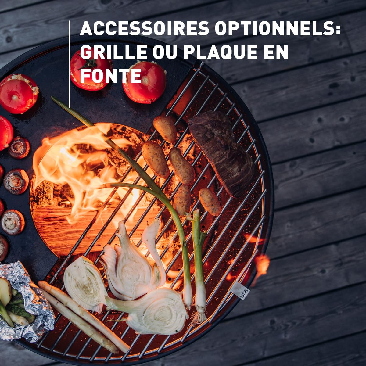 höfats - Bowl 57 Bol de feu avec Base étoilée en Acier Inoxydable - Combustion à Faible fumée - Foyer utilisable avec plancha et Grille - Panier de feu basculant, Acier émaillé, Noir, Ø 57 cm
