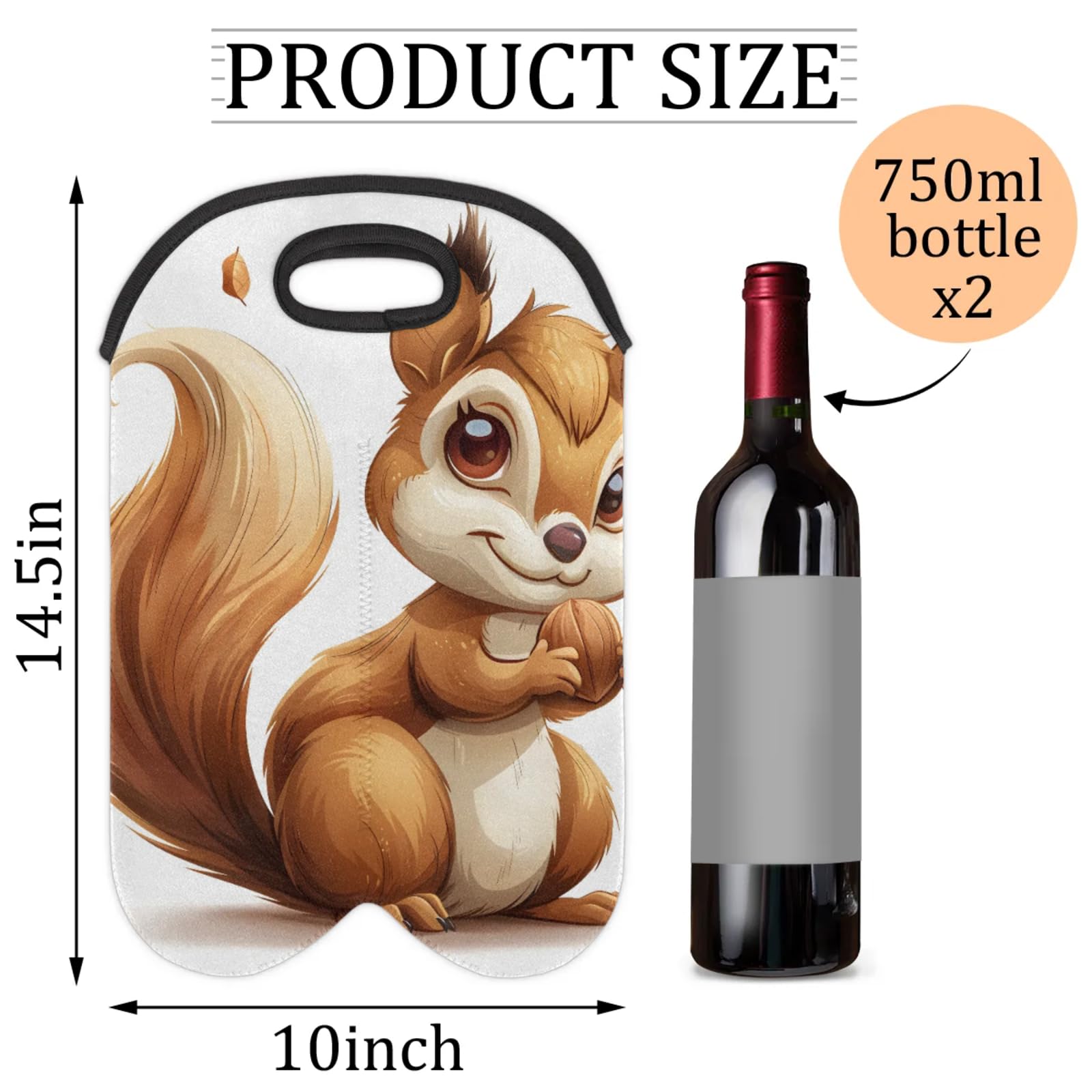 GzLeyigou 2 Bottles Animals Squirrel Wine Bag Sleeve Totes Neoprene Protective Wine Carrier Bag for Wine,Water, Champagne, Beer, Baby Bottles,Gift 14.5 x 10 Inches